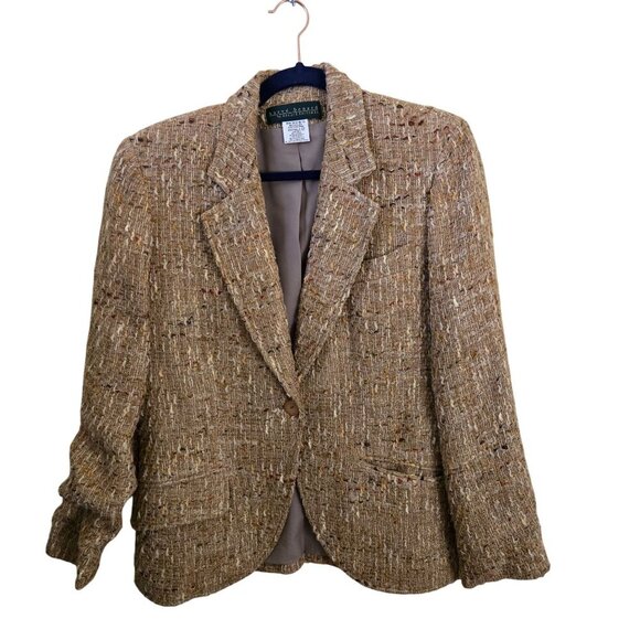 Harve Bernard Vintage Linen Silk Blend Tweed Neutral Blazer Size 12 - Picture 1 of 4